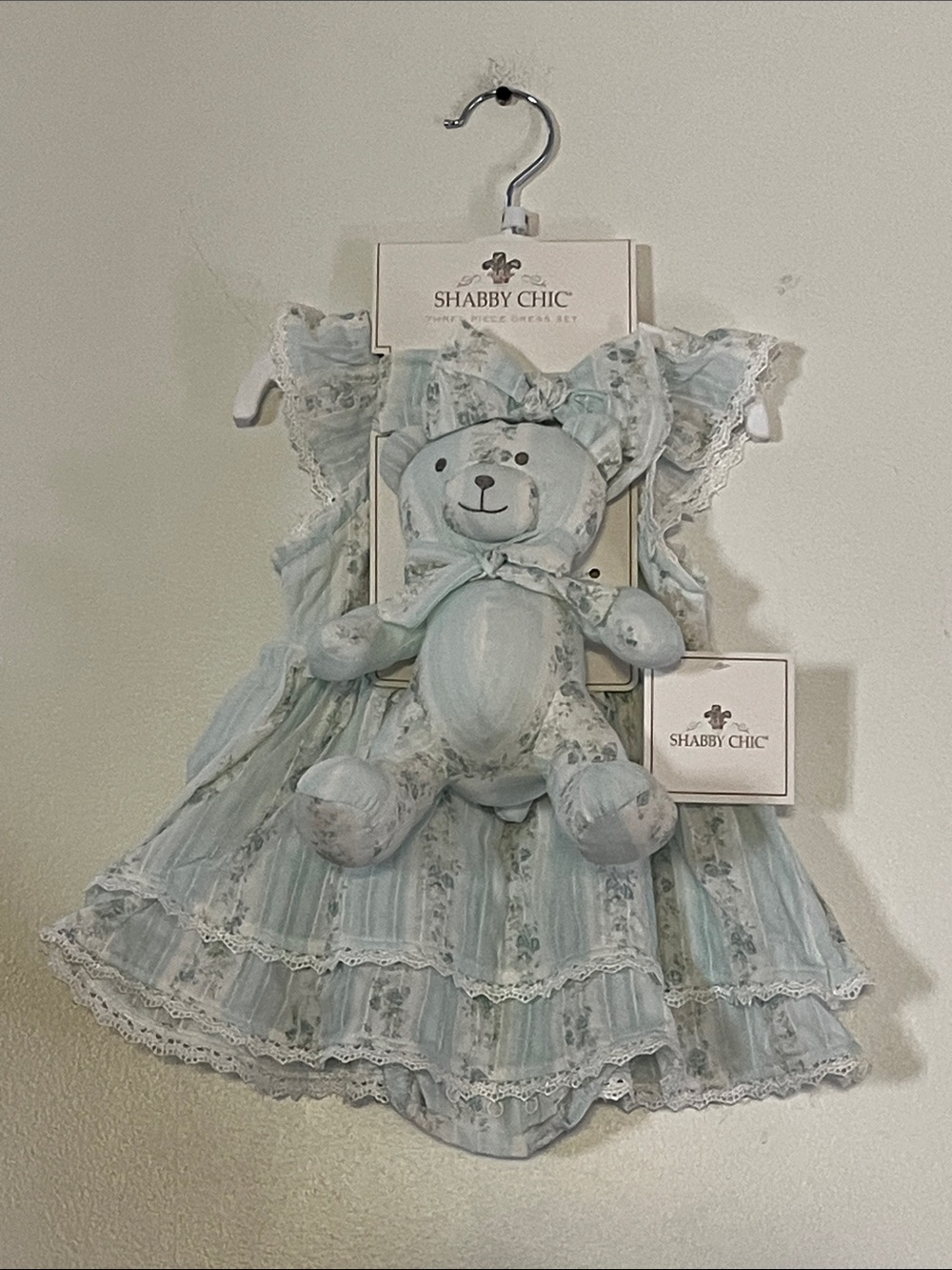 Shabby Chic Pale Blue Baby Dress with Matching Teddy and Headband